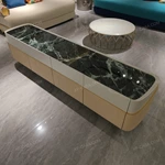 Luxury TV Stand with Dark Marble Top Cream Gloss Frame and Fluted Storage Panels